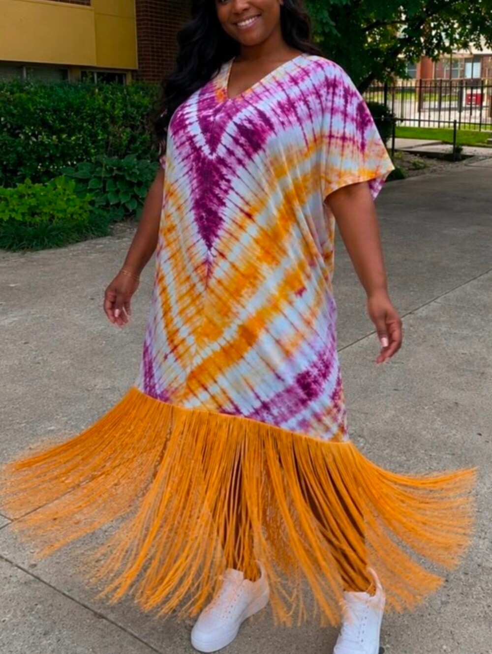 Tie-Dye Fringe Tassel Maxi Kaftan Dress